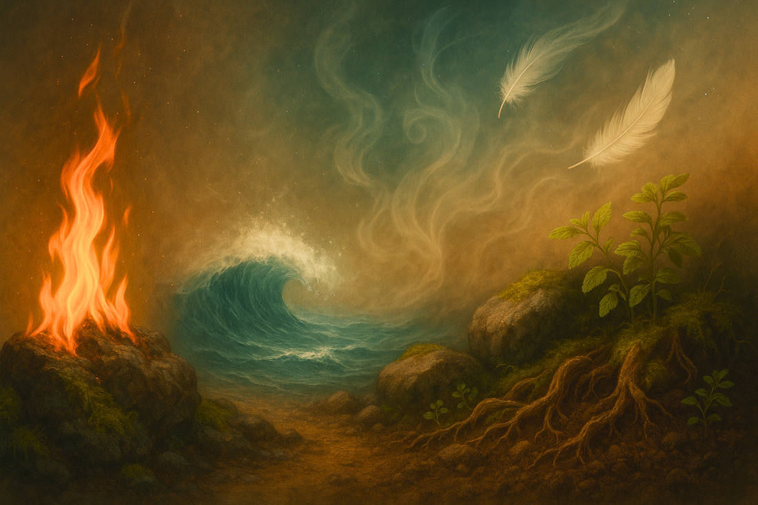 A high-resolution image representing Astrology and the Elements, featuring the symbolic energies of Fire, Water, Air, and Earth surrounding an essential oil blend, evoking harmony between cosmic influences and natural healing.
