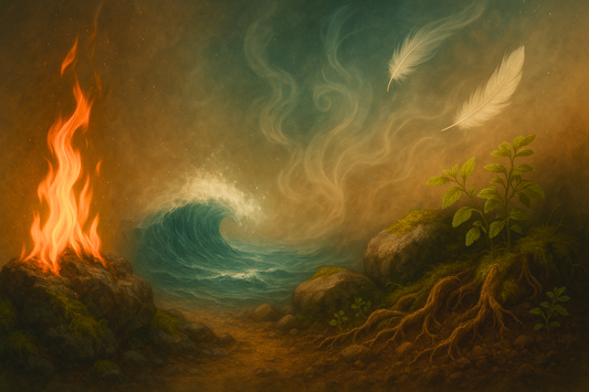 A high-resolution image representing Astrology and the Elements, featuring the symbolic energies of Fire, Water, Air, and Earth surrounding an essential oil blend, evoking harmony between cosmic influences and natural healing.