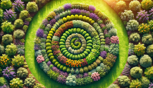 Spiral garden of colorful herbs and flowers symbolizing Emotional Wellness, natural healing, and harmony through plant-based solutions.