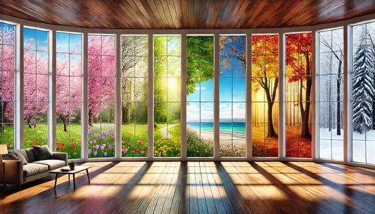 Embracing Seasonal Wellness: View through a seven-pane window showing seasonal transitions: vibrant spring, spring to summer, full summer, summer to autumn, colorful autumn, autumn to winter, and serene winter landscape.