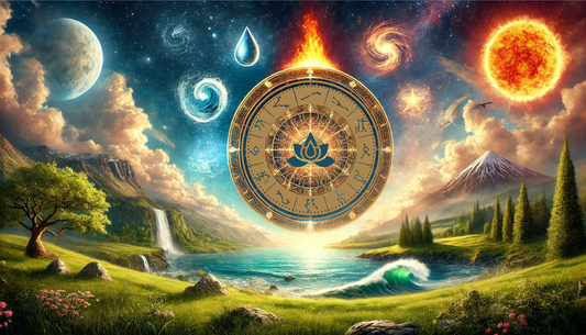 Astrological Influence on Aromatherapy: Cosmic scene with natural elements and an astrological wheel centered on essential oils and ancestral wisdom.
