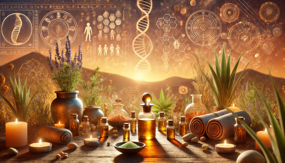 Landscape image of essential oils with plants like frankincense and sage, blending ancient symbols and DNA strands to represent the fusion of Essential oils and ancestral wisdom and modern science in healing.