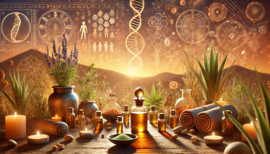 Landscape image of essential oils with plants like frankincense and sage, blending ancient symbols and DNA strands to represent the fusion of Essential oils and ancestral wisdom and modern science in healing.