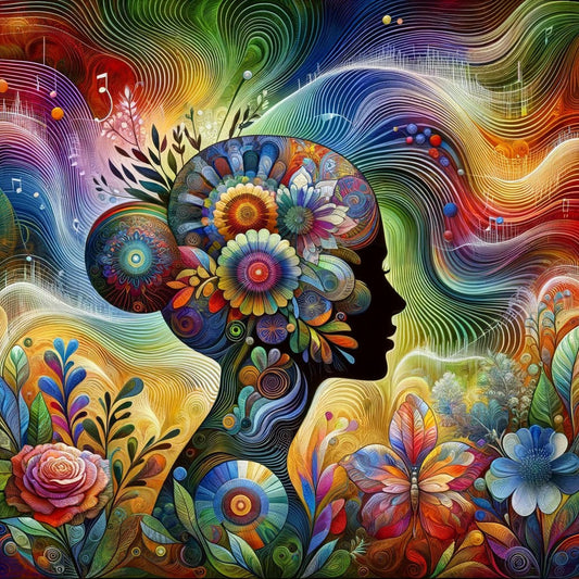 Holistic Therapy Techniques: Colorful silhouette of a woman's head adorned with vibrant flowers and abstract waves, symbolizing the harmony of holistic therapies like aromatherapy, color therapy, and sound frequency for healing and emotional balance.