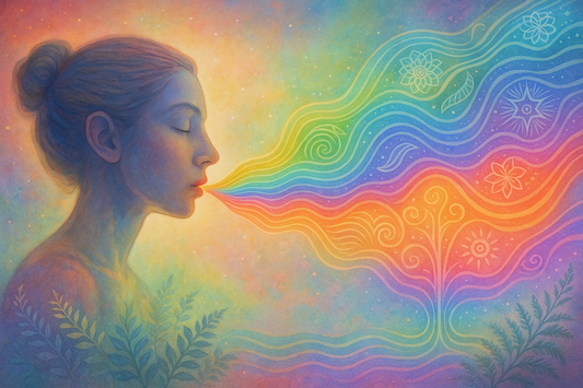 A woman with eyes closed breathes rainbow energy waves symbolizing vibrational healing, surrounded by plant leaves and spiritual symbols—representing the energetic power of essential oils.