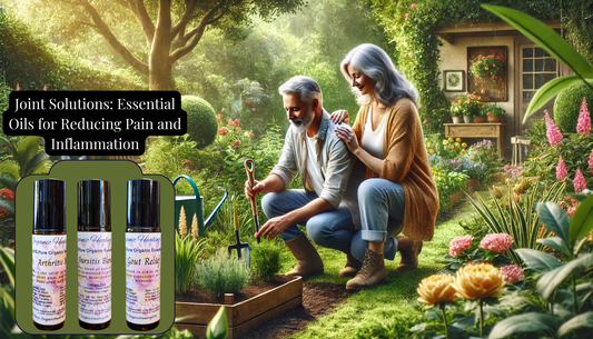 Explore Joint Solutions with Organic Healing Oils for arthritis, bursitis, and gout relief, featuring an elderly couple gardening in a vibrant, lush setting.