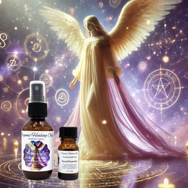 A bottle of Sacred Protection Inhaler and 60ml Smudging Spray against a celestial background with a winged angel.