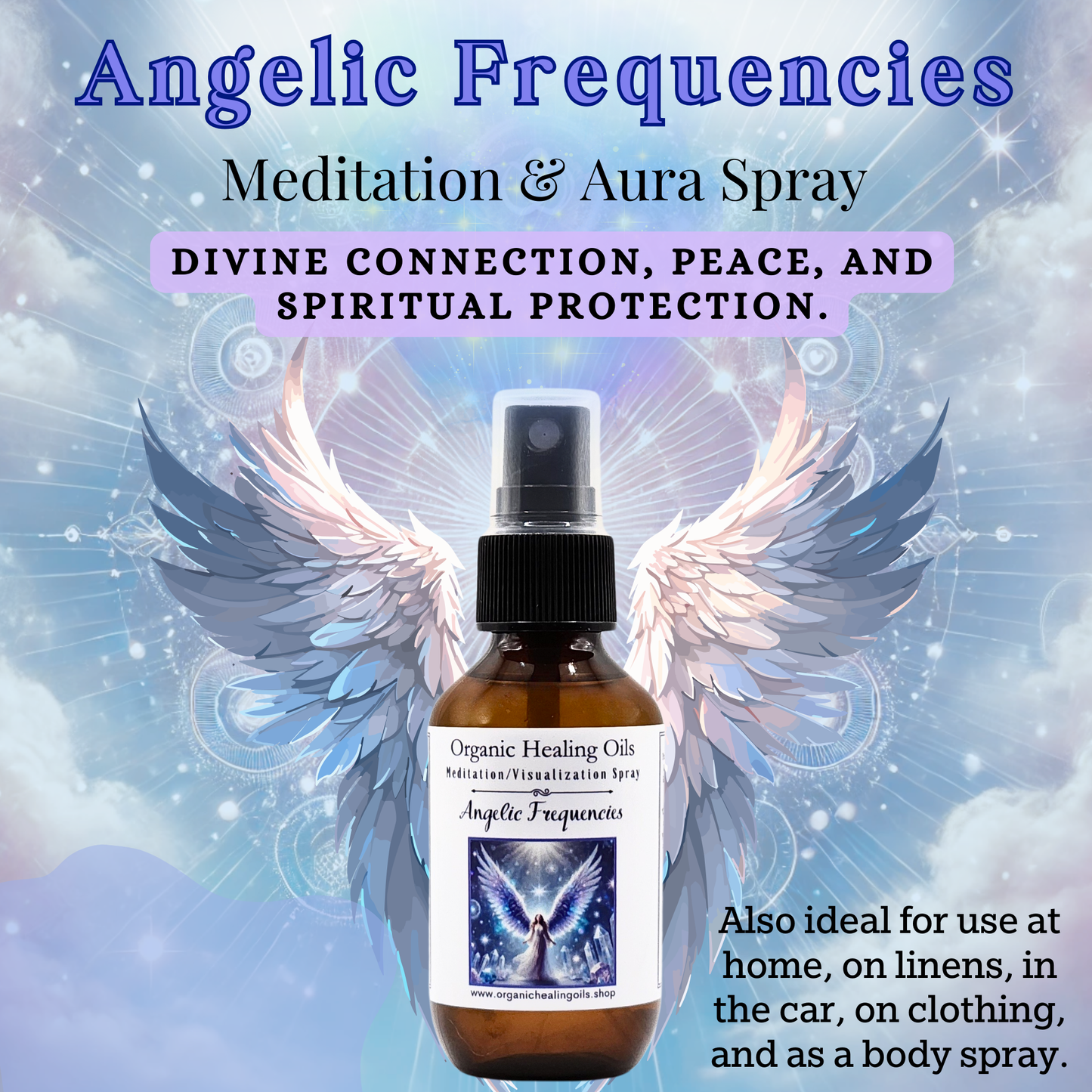 Angelic Frequencies meditation aura spray with divine connection and peace message.