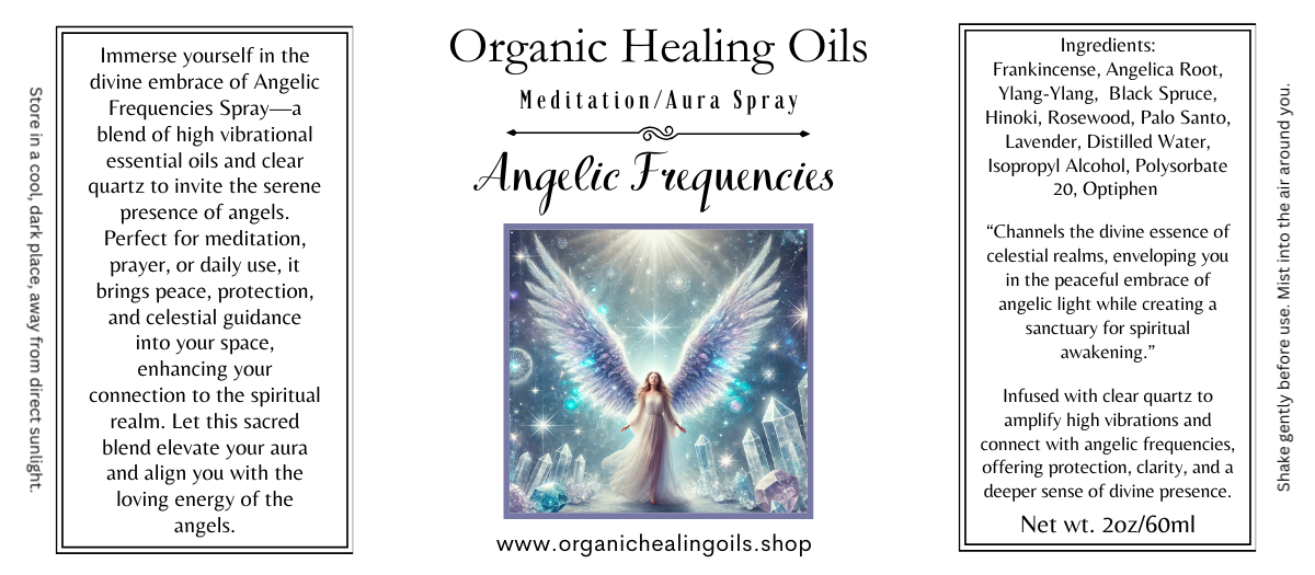 Label for Angelic Frequencies Meditation Aura Spray by Organic Healing Oils. Features an ethereal image of a luminous angel surrounded by light and crystals, with text describing the spray as a celestial blend of high-vibration essential oils and clear quartz. Highlights spiritual protection, peace, and angelic guidance. Ingredients include frankincense, angelica root, lavender, and more, with usage and storage instructions.