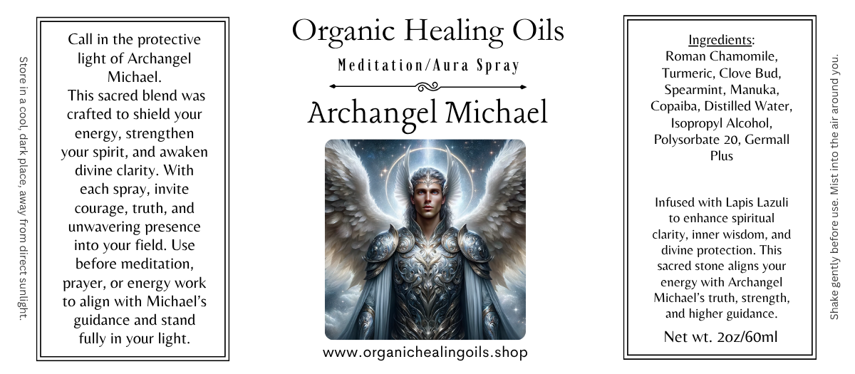 Meditation aura spray featuring Archangel Michael with organic essential oils and lapis lazuli for strength, protection, and clarity in a 2oz bottle