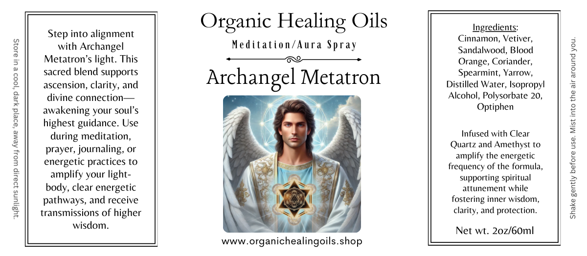 Meditation Aura Spray for divine clarity, protection, and ascension with Archangel Metatron essence, 2oz bottle.