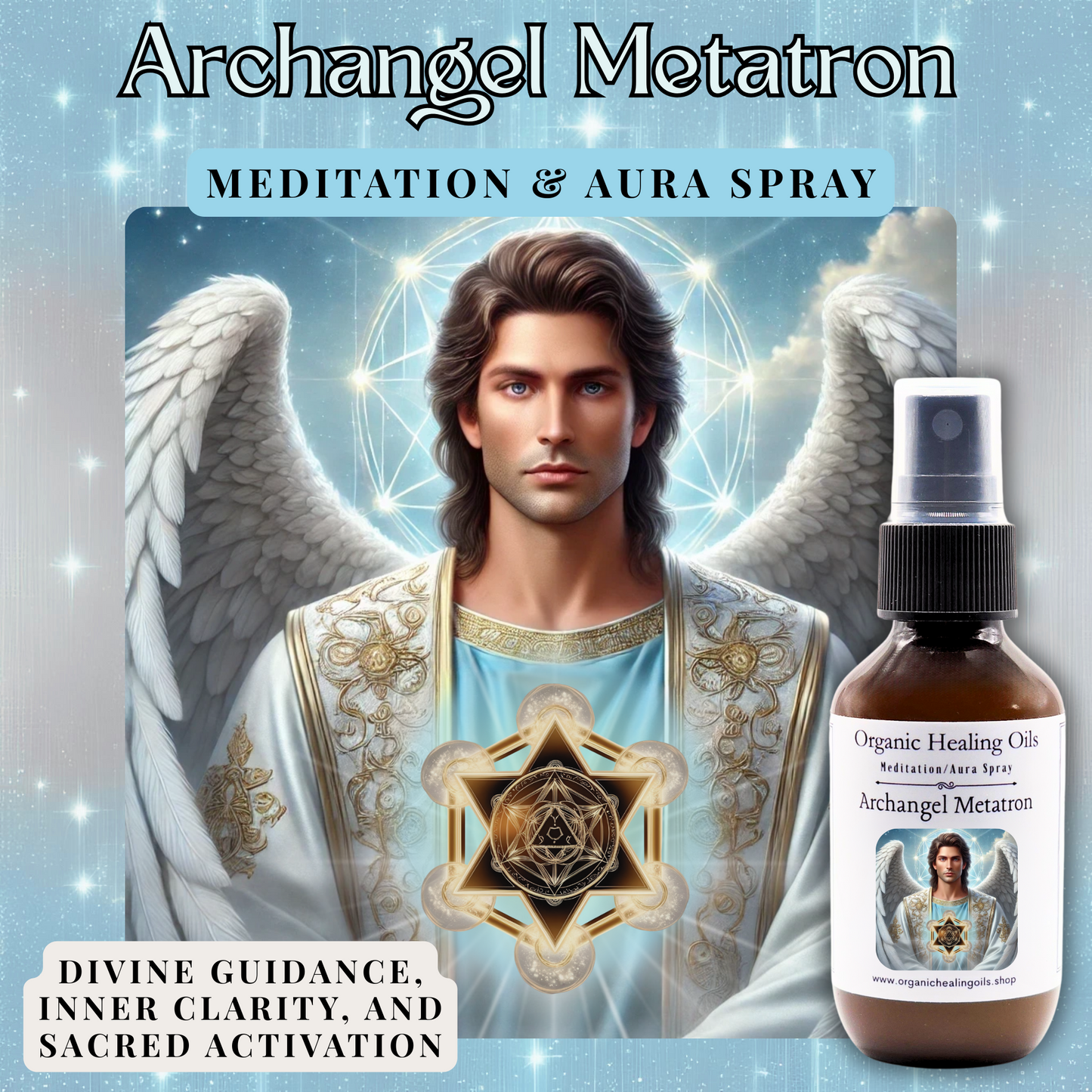 Meditation Aura Spray with Archangel Metatron for Divine Clarity and Protection, 2oz bottle.