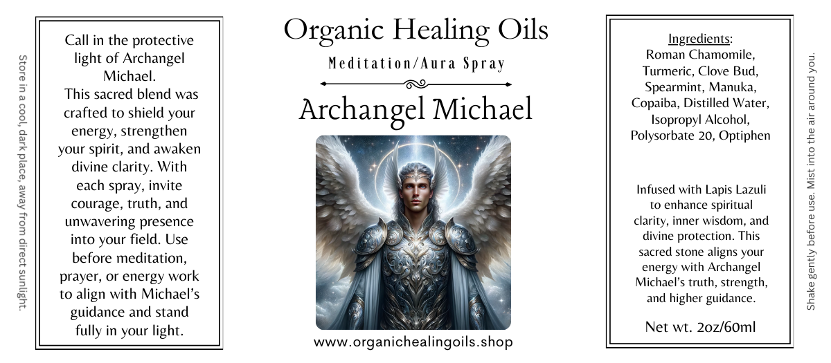 Meditation aura spray featuring Archangel Michael with organic essential oils and lapis lazuli for strength, protection, and clarity in a 2oz bottle