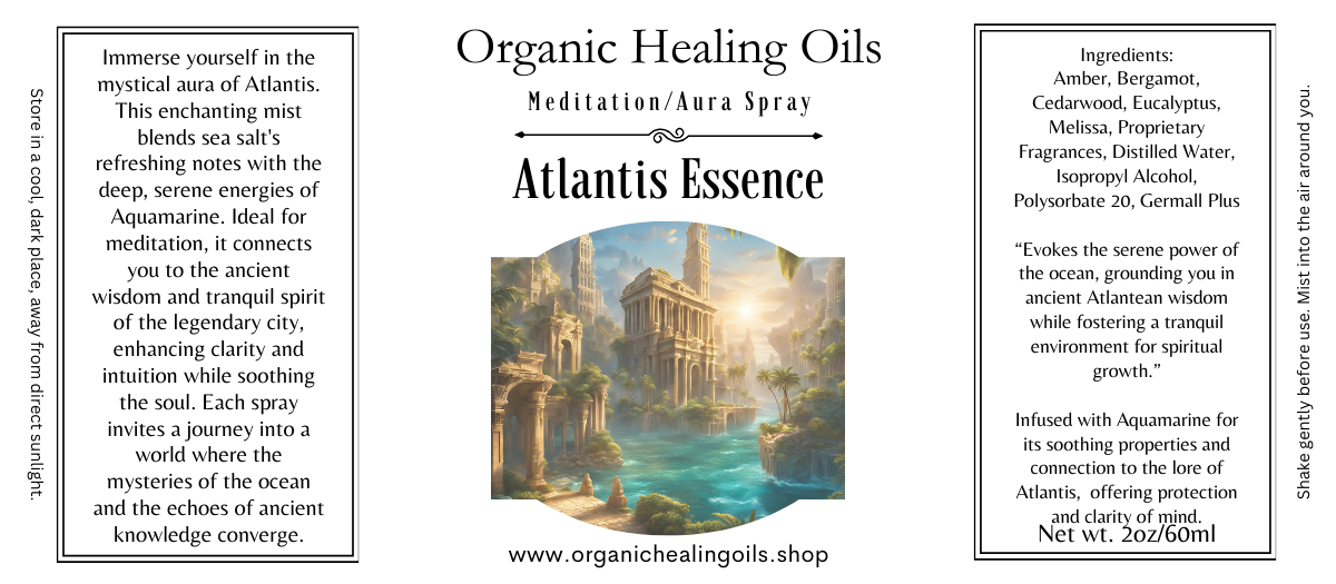 Meditation Aura Spray Atlantis Essence label featuring oceanic scenery, ancient architecture, and product details on mystical aroma and ingredients.
