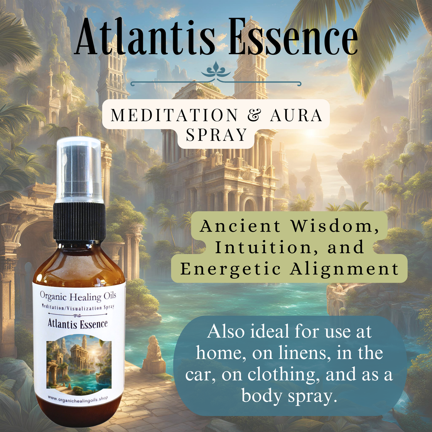 Meditation Aura Spray Atlantis Essence bottle with ancient wisdom and intuition focus, featuring oceanic temple imagery.