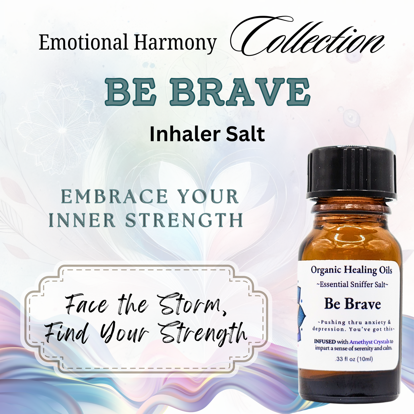 Be Brave Aromatherapy Inhaler Salts 10ml bottle with organic essential oils, pink Himalayan salt, and amethyst for embracing your inner strength.
