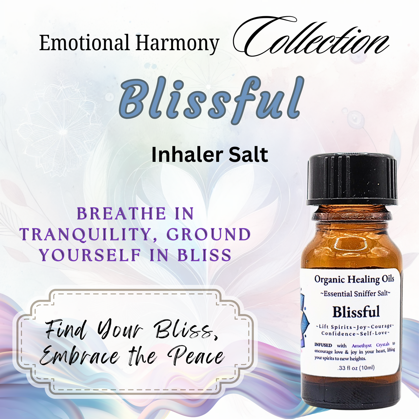 Blissful Aromatherapy Inhaler Salts 10ml bottle with organic essential oils, pink Himalayan salt, and amethyst for uplifting mood and promoting joy.