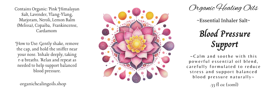 Label for Organic Healing Oils Blood Pressure Support Inhaler, 10ml. Promotes Natural Stress Relief with ingredients like Lavender, Ylang-Ylang, Black Seed Oil, and Jojoba.