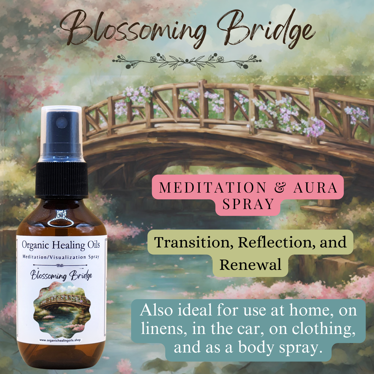 Meditation Aura Spray with therapeutic grade essential oils for transition and renewal, featuring cherry blossom and moonstone.