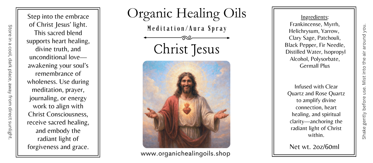 Meditation Aura Spray by Organic Healing Oils featuring Christ Jesus blend with frankincense, myrrh, essential oils, and infused quartz for soul healing and divine love.