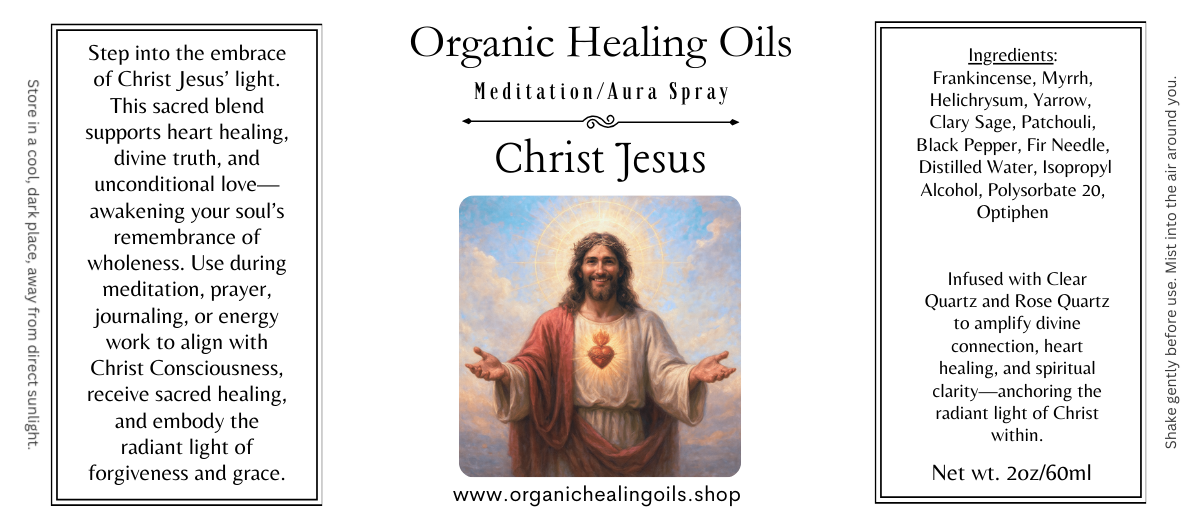 Meditation Aura Spray by Organic Healing Oils featuring Christ Jesus blend with frankincense, myrrh, essential oils, and infused quartz for soul healing and divine love.