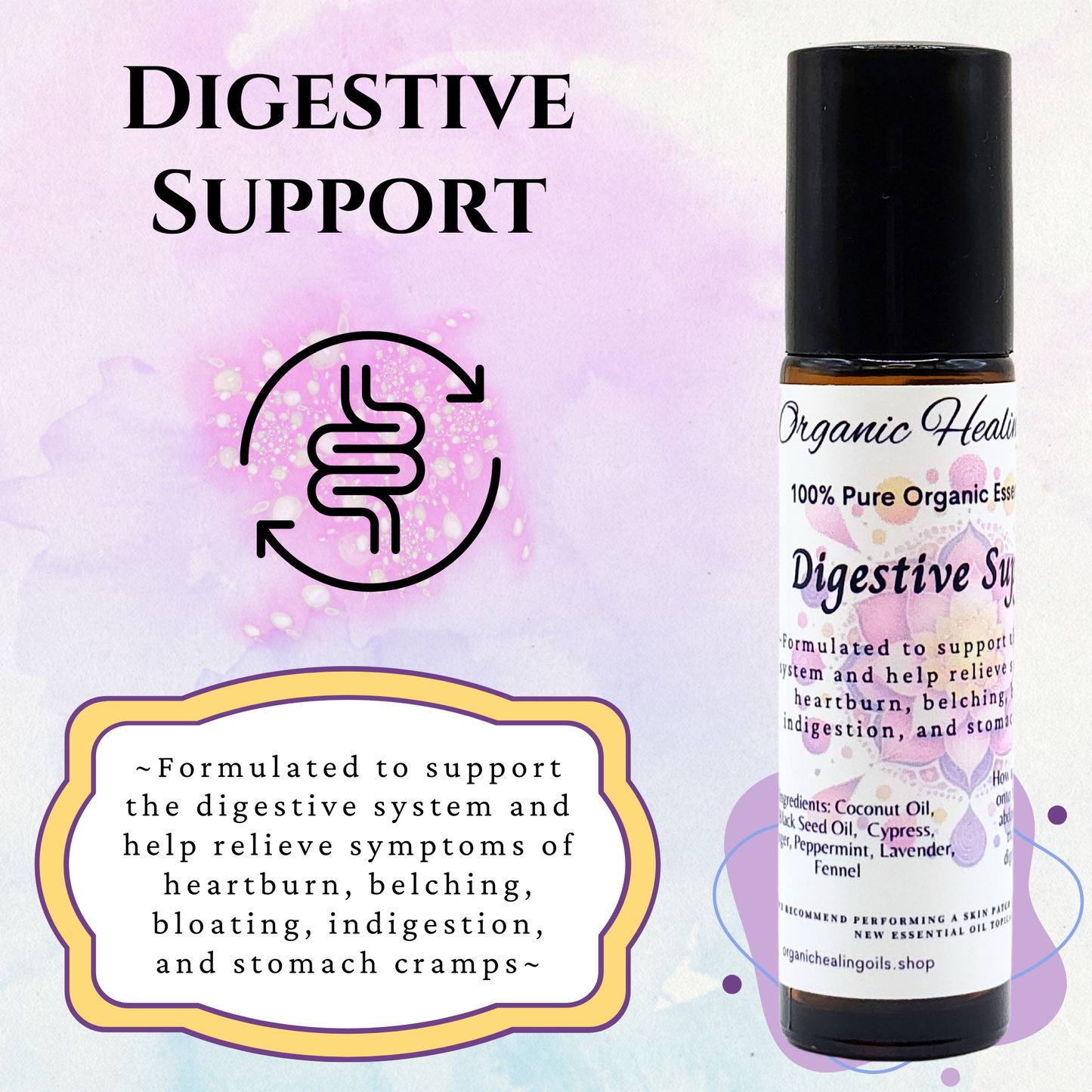 Digestive Support Essential Oil 10ml roller for natural digestive relief with peppermint, ginger, lavender, and fennel.