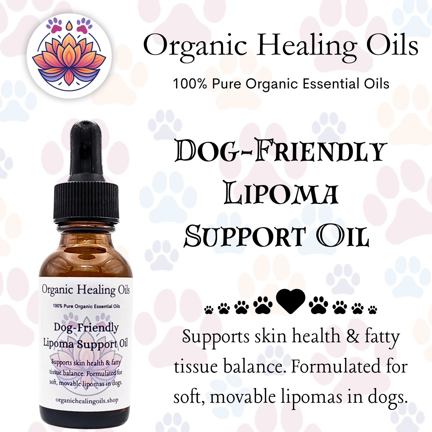 Dog-Friendly Lipoma Support Oil Blend, 30 ml bottle, holistic skin and tissue support for dogs.
