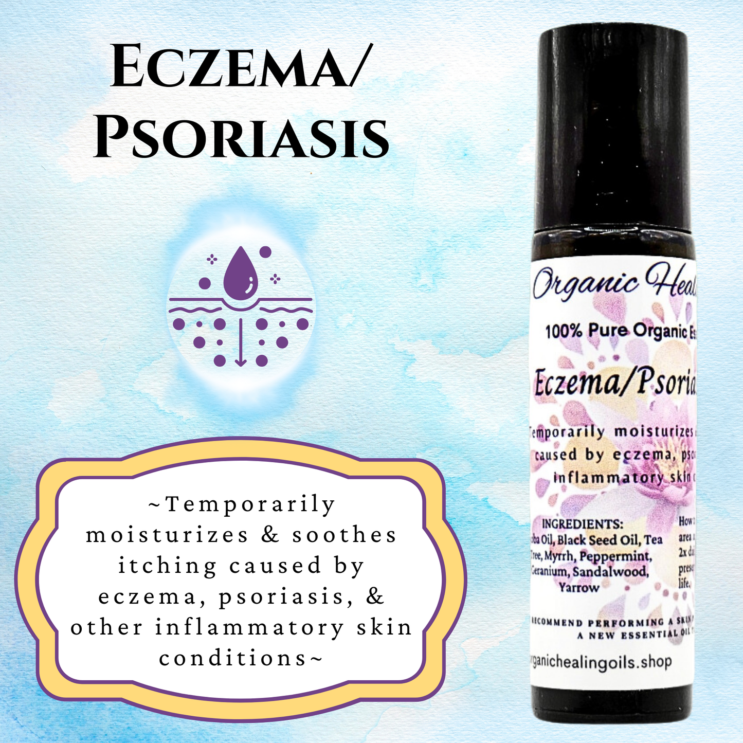Eczema and Psoriasis Soothing Oil 10ml roller for hydration and skin relief.