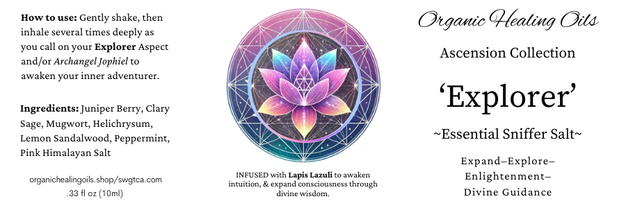 "Ascension Collection 'Explorer' essential sniffer salt with Lapis Lazuli for intuition and consciousness expansion, ingredients include Juniper Berry and Clary Sage in a 10ml bottle."
