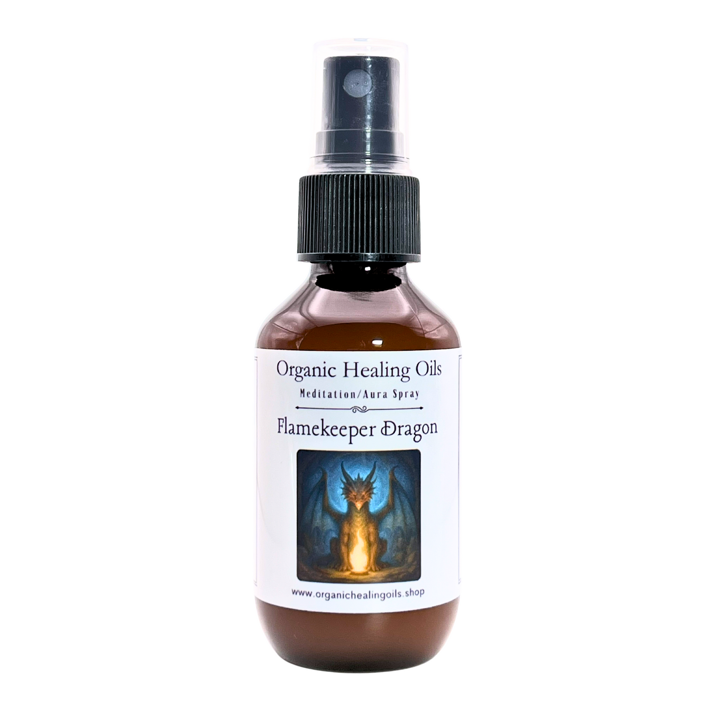 Flamekeeper Dragon Meditation Spray bottle by Organic Healing Oils, shown on a white background with a label featuring a dragon surrounded by fire.