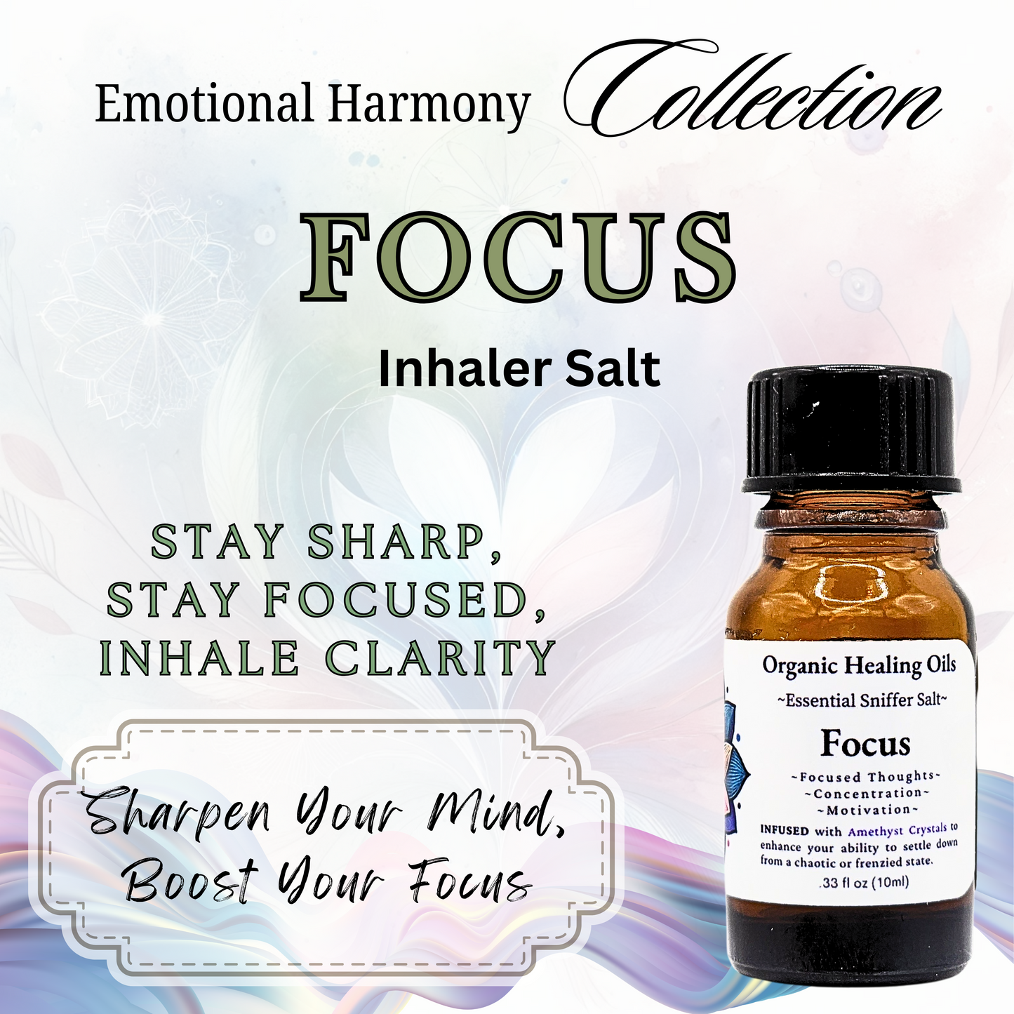 Focus Aromatherapy Inhaler Salts 10ml bottle with organic essential oils, pink Himalayan salt, and amethyst to sharpen your mind and stay focused.