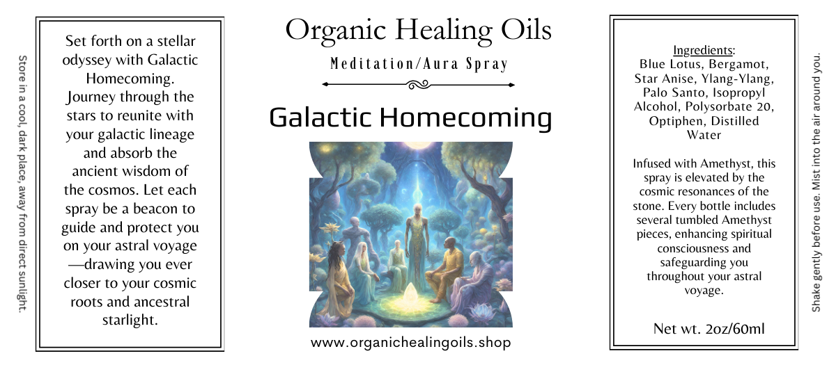 Meditation aura spray bottle labeled "Organic Healing Oils Galactic Homecoming" with cosmic art, 2oz size.