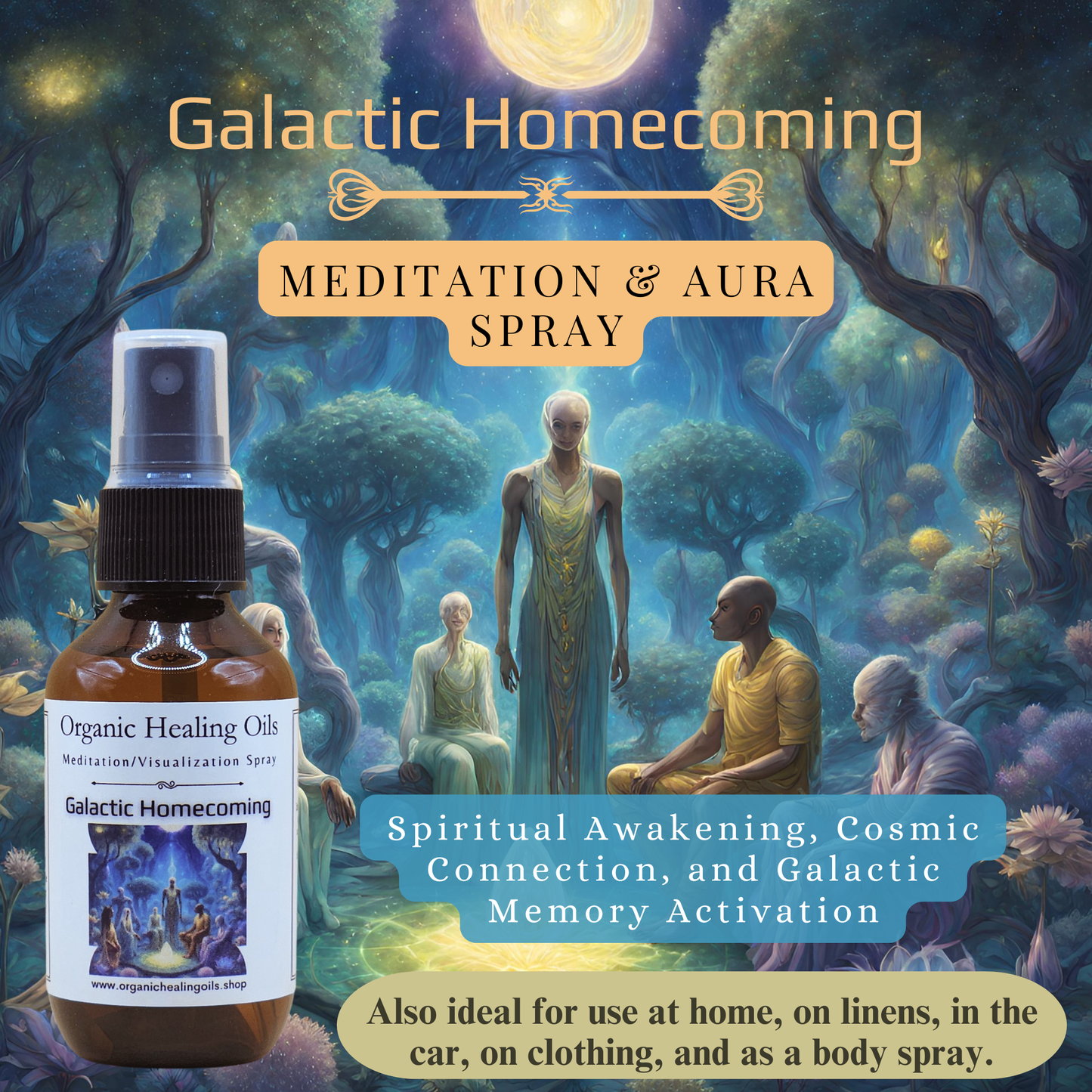 Meditation aura spray bottle with celestial background; promotes spiritual awakening and cosmic connection.