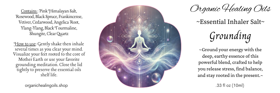 Label for Grounding Aromatherapy Inhaler | Enhance Presence & Stability | 10ml Bottle. Ground your energy with the deep, earthy essence of this powerful blend, crafted to help you release stress, find balance, and stay rooted in the present.