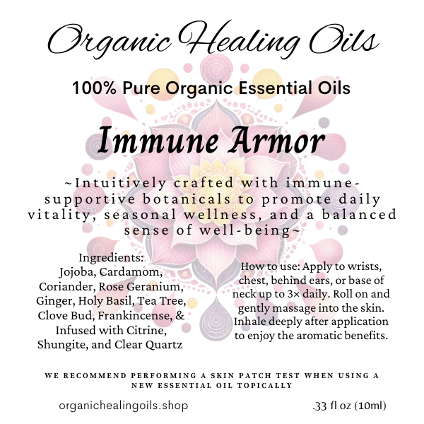 Immune Armor Essential Oil roller and inhaler with 100% pure organic therapeutic oils including Frankincense, Myrrh, Tea Tree, Eucalyptus, Lemon, Clove, Copaiba, Jojoba, and Black Seed Oil for immune support and wellness.