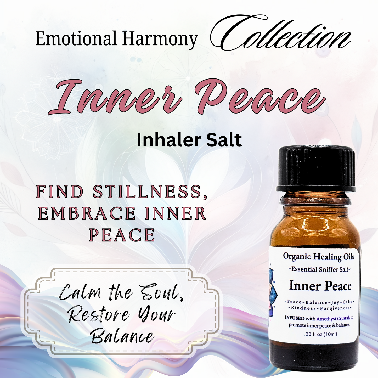 Inner Peace Aromatherapy Inhaler Salts 10ml bottle with organic essential oils, pink Himalayan salt, and amethyst to calm your soul and restore balance.