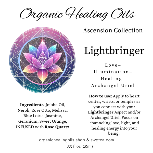 Ascension Collection Lightbringer 10ml roller bottle; promotes spiritual growth with rose quartz-infused essential oils for illumination and healing.