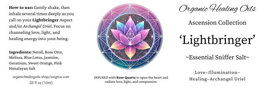 Lightbringer essential sniffer salt bottle with lotus graphic, featuring Neroli, Rose Otto, Melissa, and infused with Rose Quartz for love and healing, part of the Ascension Collection.