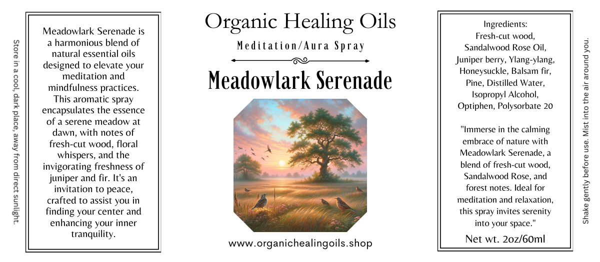 Label for Mystic Grove Meditation Aura Spray by Organic Healing Oils. Features a forest path with sacred woodland energy, description of spirit animal connection and introspection, ingredients like cedarwood and vetiver, infused with Black Tourmaline.