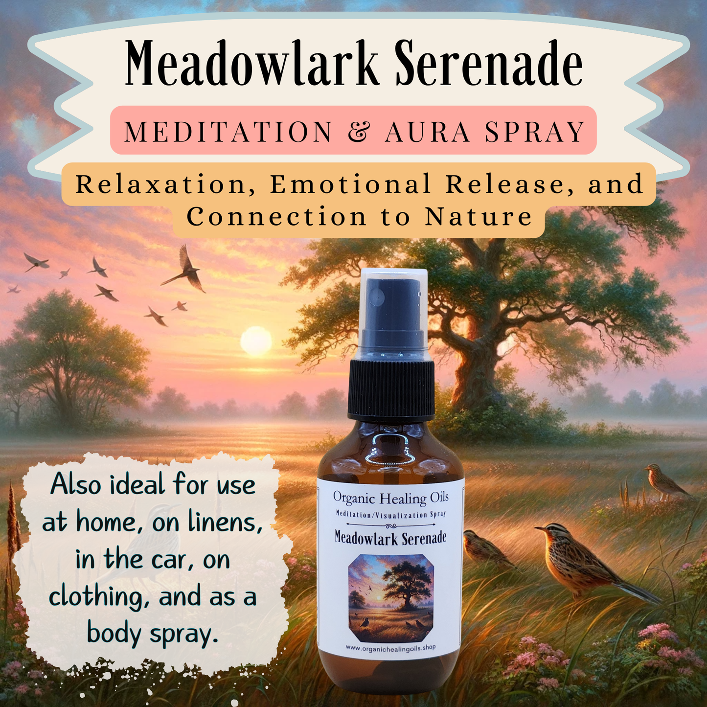 Meditation Aura Spray bottle labeled "Meadowlark Serenade," set against a serene meadow backdrop with a sunset sky.