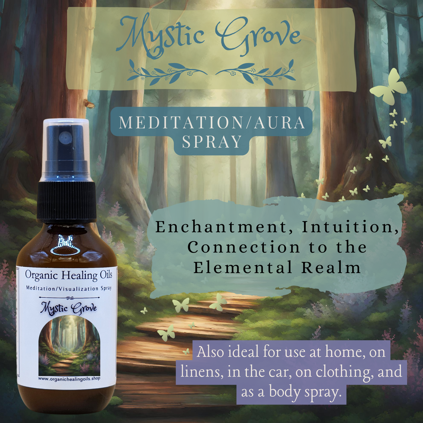 Meditation Aura Spray; Mystic Grove; Organic Healing Oils; woodsy and earthy scents; Black Tourmaline.