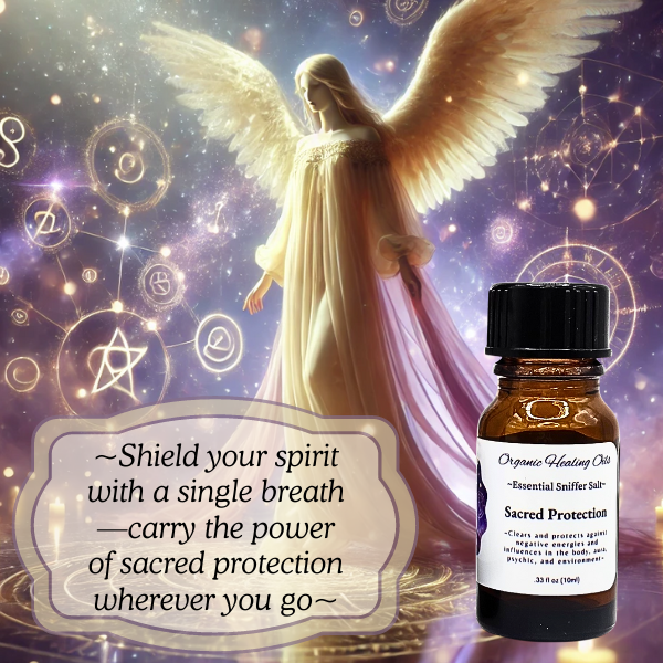 A bottle of Sacred Protection Inhaler against a celestial background with a winged angel.