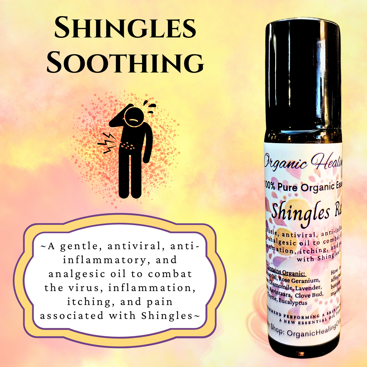 Shingles Soothing Oil 10ml roller with organic essential oils for skin comfort.