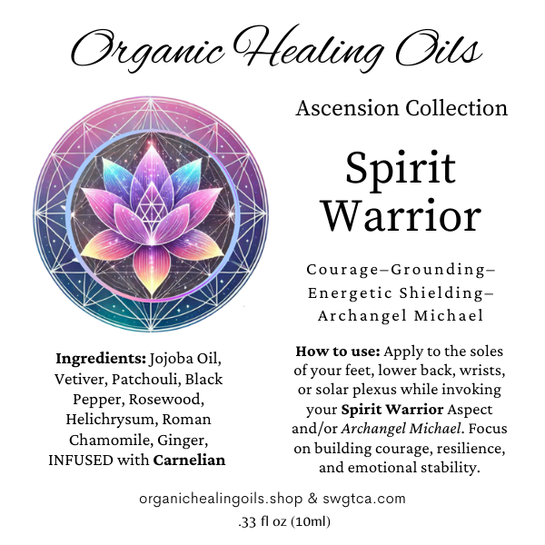 10ml roller bottle of Spirit Warrior essential oil blend from the Ascension Collection, featuring ingredients like Jojoba Oil and Carnelian for spiritual growth.