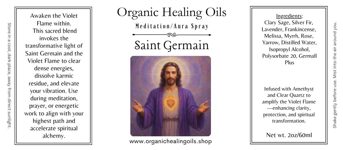 Meditation aura spray Saint Germain with violet flame, amethyst, clear quartz, and organic essential oils for clarity, protection, and spiritual transformation.