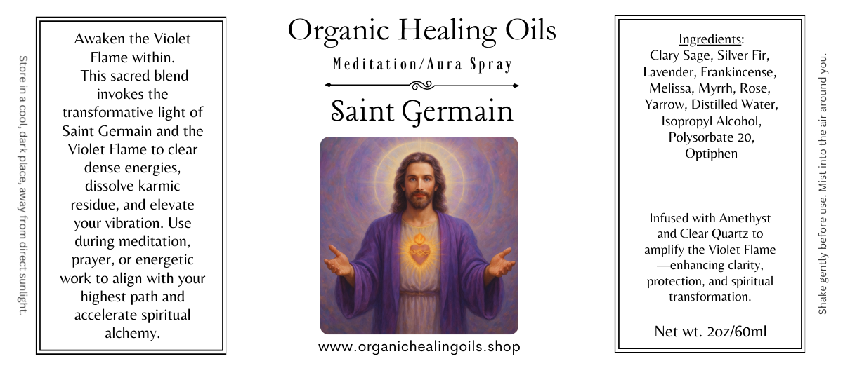 Meditation aura spray Saint Germain with violet flame, amethyst, clear quartz, and organic essential oils for clarity, protection, and spiritual transformation.