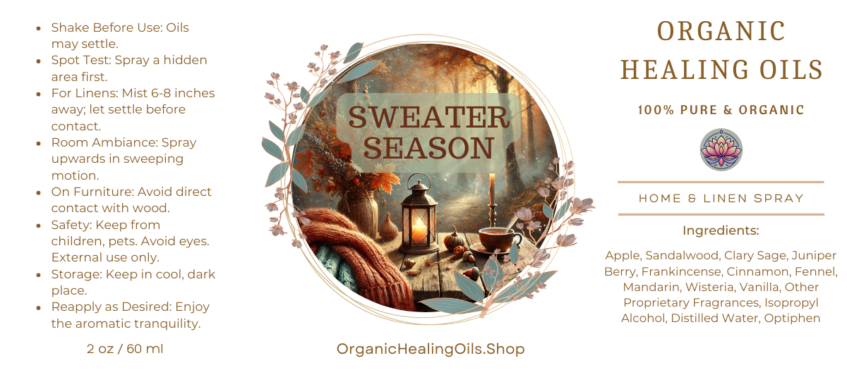 Label for Organic Healing Oils Sweater Season 60ml home and linen spray packaging with a cozy scene and product details.