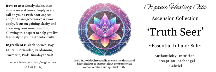 Organic Healing Oils Truth Seer Spiritual Ascension Aromatherapy Inhaler bottle with Chrysocolla for authenticity and spiritual truth.