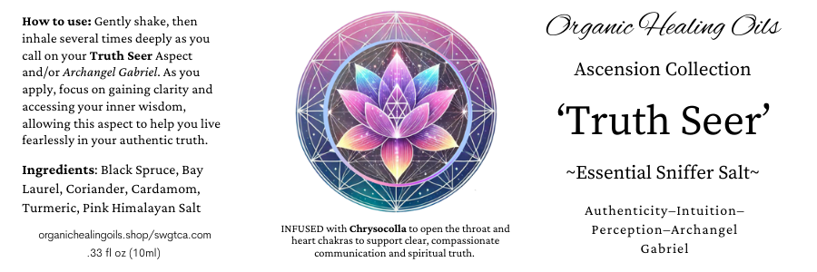 Organic Healing Oils Truth Seer Spiritual Ascension Aromatherapy Inhaler Salts bottle with Chrysocolla for authenticity and spiritual truth.