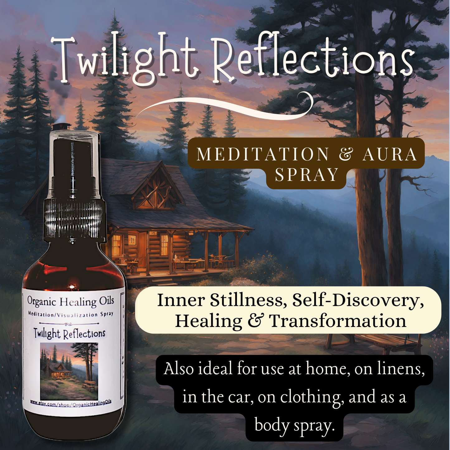 Meditation aura spray with organic essential oils for tranquility and self-discovery.